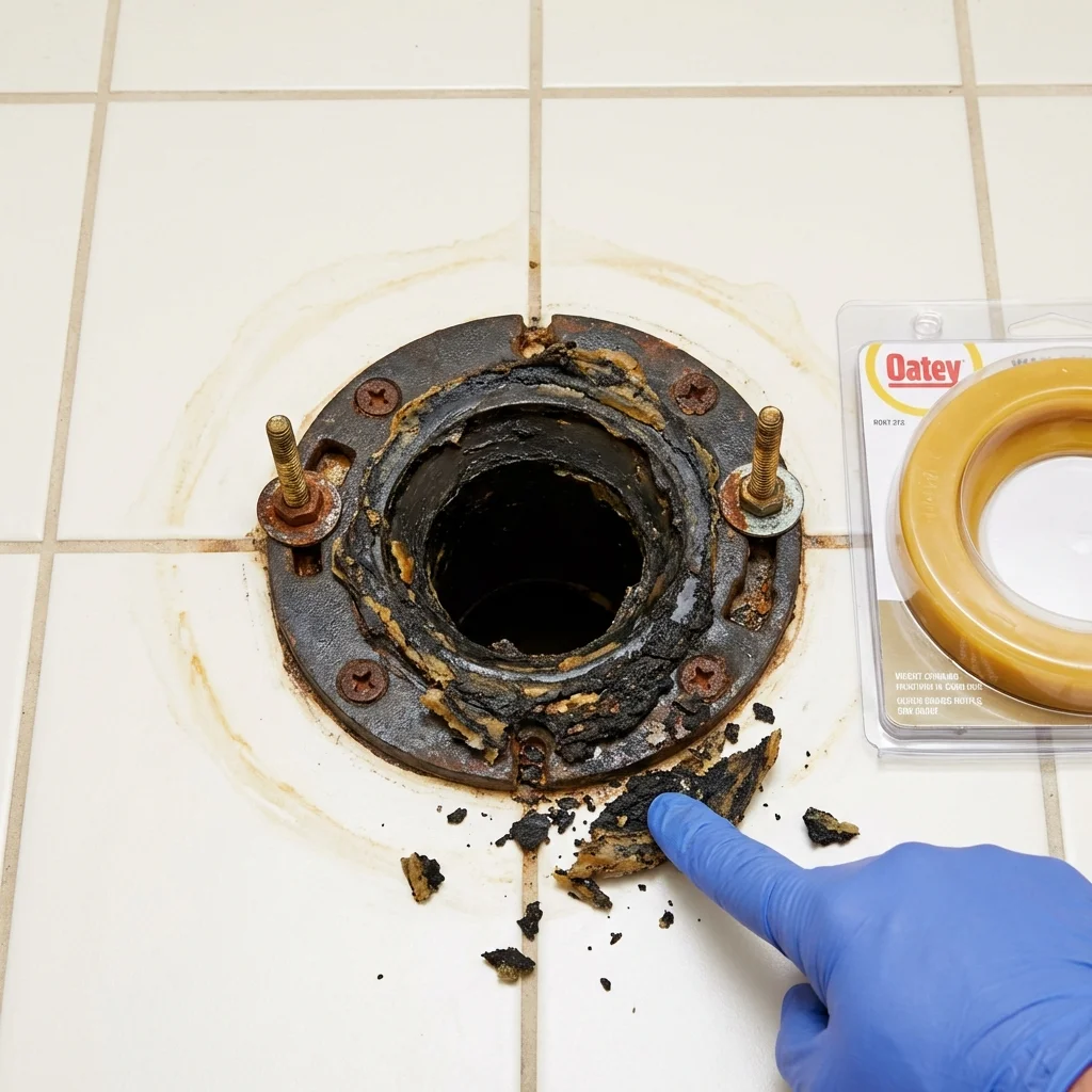 Failed wax ring showing water seepage at the base of a toilet in a Miami, TX home